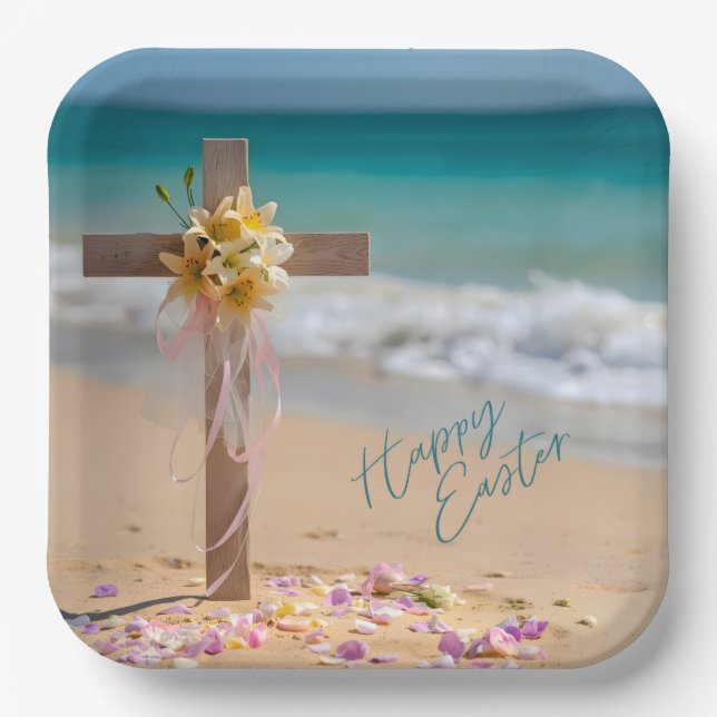 Happy Easter Wooden Cross and Lilies on Beach Paper Plates (Front)