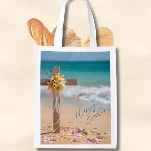 Happy Easter Wooden Cross with Lilies on Beach Grocery Bag