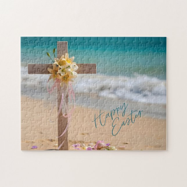 Happy Easter Wooden Cross with Lilies on Beach Jigsaw Puzzle (Horizontal)