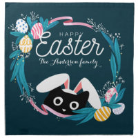 Happy Easter Wreath, Black Cat with bunny ears 