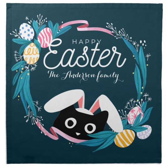 Happy Easter Wreath, Black Cat with bunny ears  Cloth Napkin (Front)