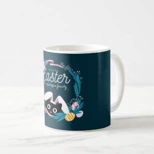 Happy Easter Wreath, Black Cat with bunny ears Coffee Mug