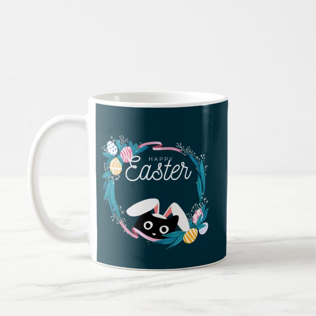 Happy Easter Wreath, Black Cat with bunny ears Coffee Mug (Left)