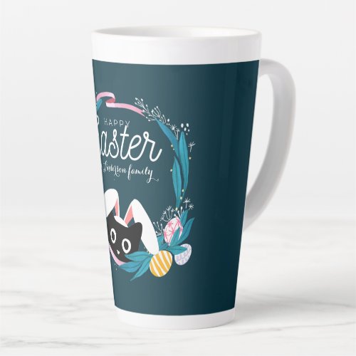 Happy Easter Wreath Black Cat with bunny ears Latte Mug