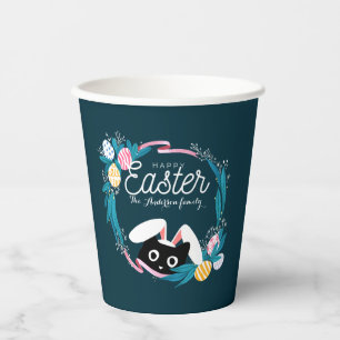 Happy Easter Wreath, Black Cat with bunny ears Paper Cups