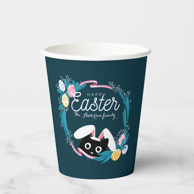 Happy Easter Wreath, Black Cat with bunny ears Paper Cups (Front)
