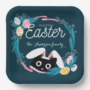 Happy Easter Wreath, Black Cat with bunny ears Paper Plates