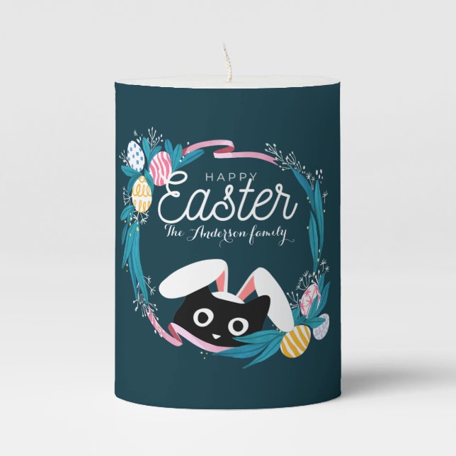 Happy Easter Wreath, Black Cat with bunny ears Pillar Candle (Front)