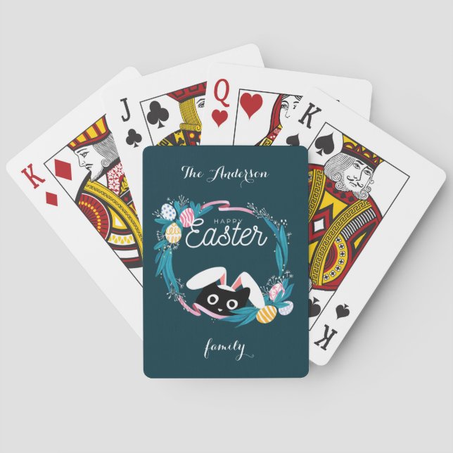 Happy Easter Wreath, Black Cat with bunny ears Poker Cards (Back)