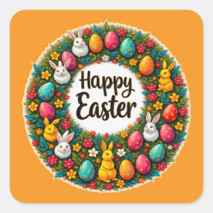 Happy Easter Wreath – Bunny & Eggs Autocolante Square Sticker