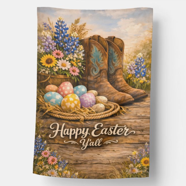 Happy Easter Y’all Boots & Eggs Garden Flag (Front)