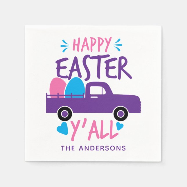 Happy Easter Y'all Modern Egg Truck Personalized Napkins (Front)