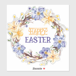 Happy Easter Yellow and Purple Floral Wreath Sticker
