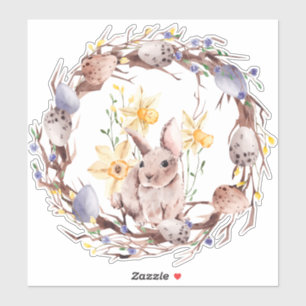 Happy Easter Yellow and Purple Floral Wreath Sticker