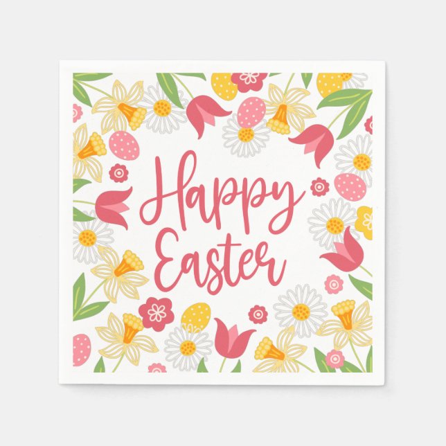 Happy Easter | Yellow and Red Floral  Napkins (Front)