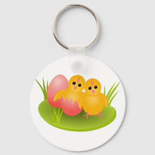 Happy Easter yellow chicks on green grass Keychain