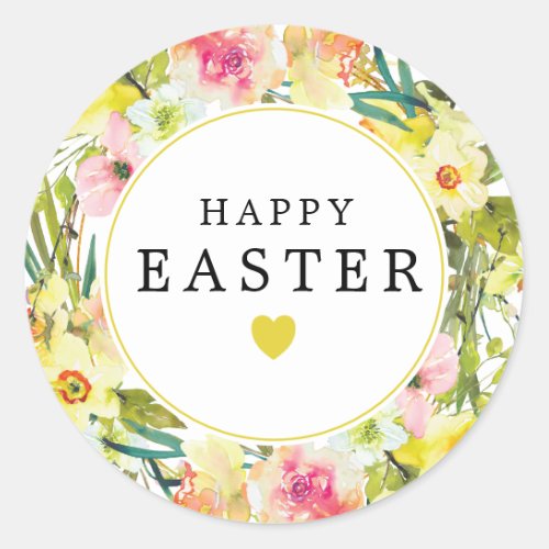 Happy Easter Yellow Daffodil Heart Classic Round Sticker