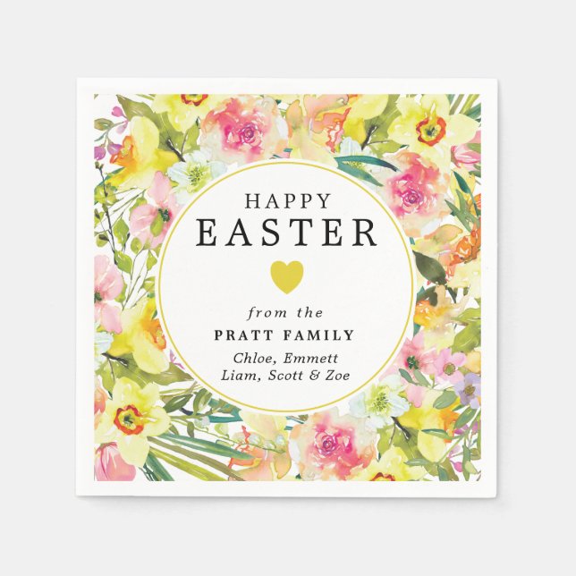 Happy Easter Yellow Daffodil Heart Napkins (Front)