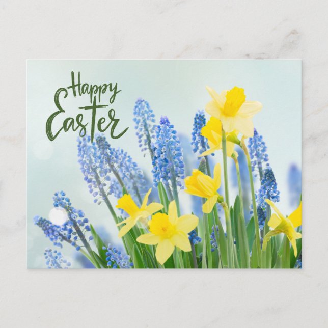 Happy Easter Yellow Daffodils and Blue Flowers  Postcard (Front)