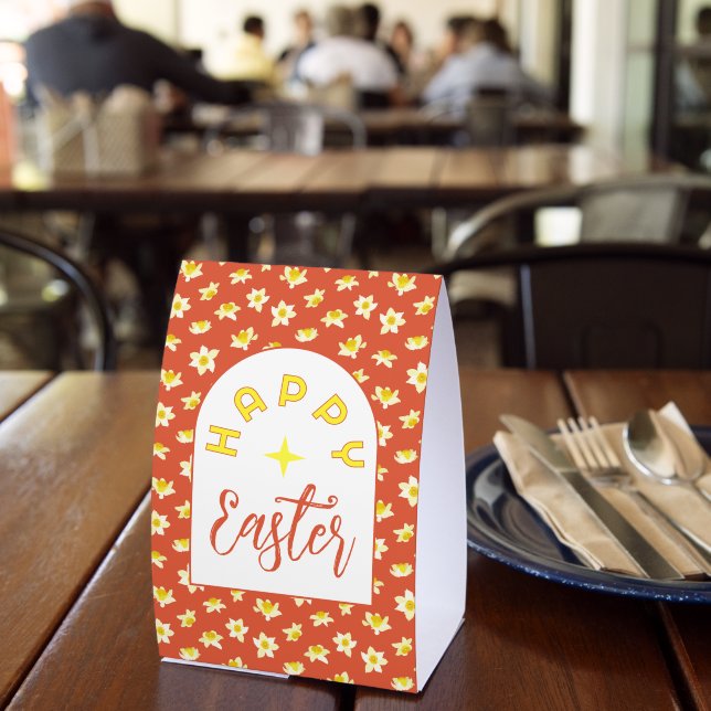 Happy Easter. Yellow Daffodils Spring Modern. Paper Table Tent (Insitu(Restaurant))