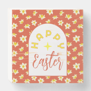Happy Easter. Yellow Daffodils Spring Modern. Wooden Box Sign