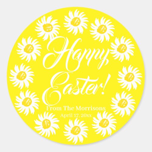 Happy Easter yellow daisy custom script cheerful Classic Round Sticker
