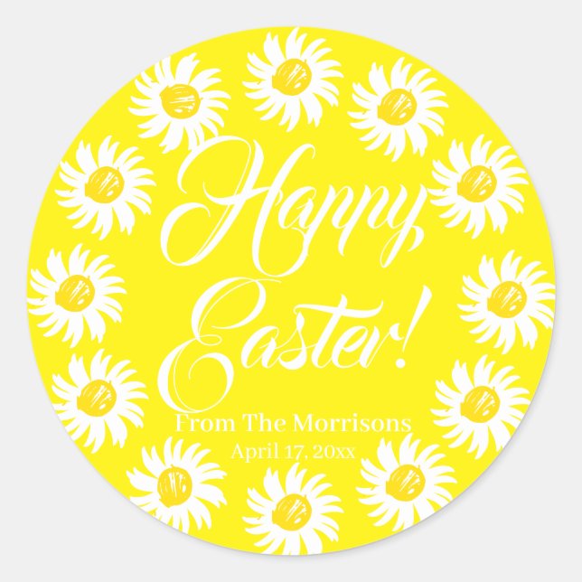 Happy Easter yellow daisy custom script cheerful Classic Round Sticker (Front)