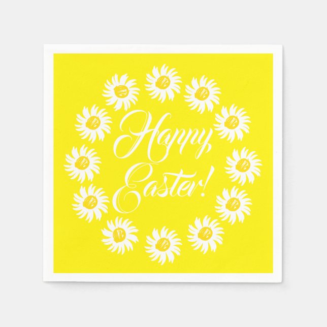 Happy Easter yellow script cute daisy cheerful fun Napkins (Front)