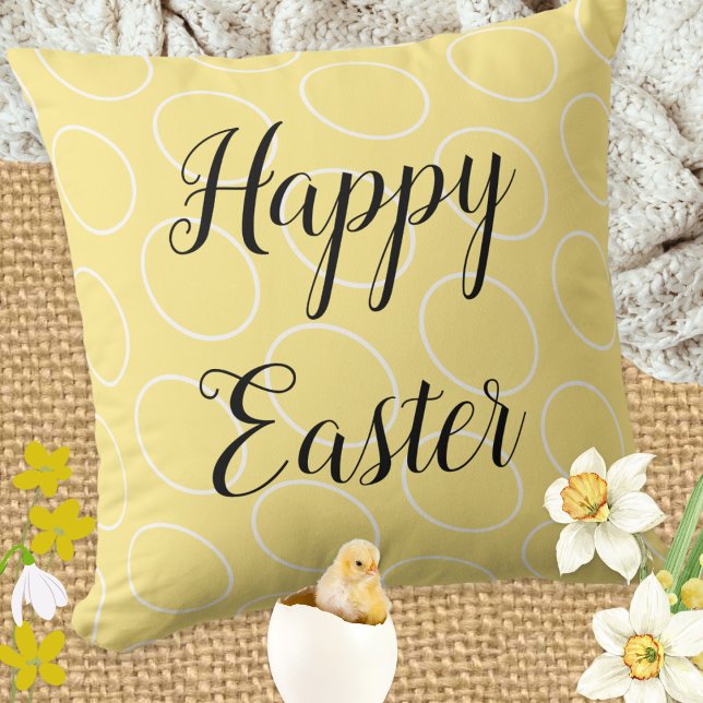 Happy Easter Yellow Spring Pattern Elegant Script Throw Pillow (An elegant yellow pillow cushion with Easter egg pattern and Happy Easter in script typography)