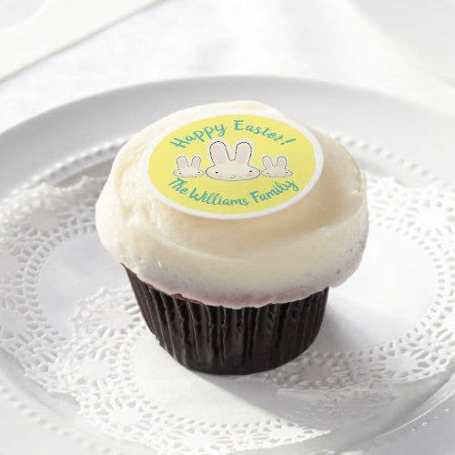 Happy Easter Yellow teal custom script cute bunny Edible Frosting Rounds