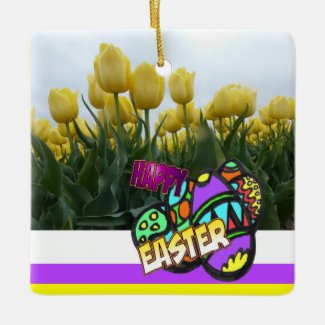 Happy Easter Yellow Tulips Design Ornament