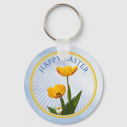 Happy Easter Yellow Tulips Floral Photography Egg Keychain