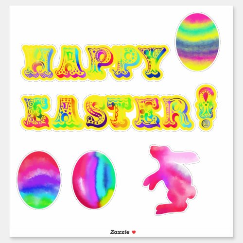 Happy Easter Yellow Watercolor Letters Eggs Sticker