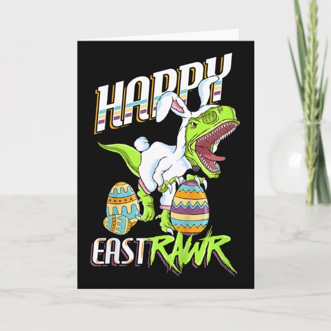 Happy Eastrawr Cute Trex Dinosaur Easter Bunny Egg Card (Front)