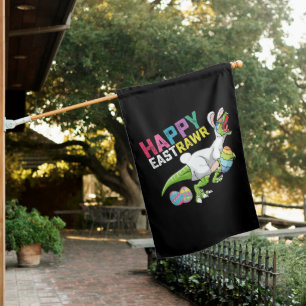 Happy Eastrawr T Rex Dinosaur Easter Bunny Egg House Flag