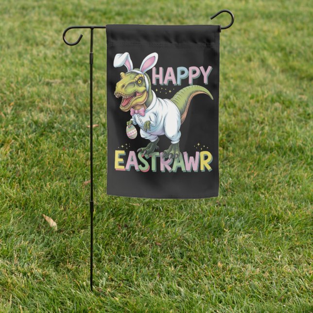 Happy Eastrawr T Rex Easter Dinosaur Bunny Egg Garden Flag (In SItu)
