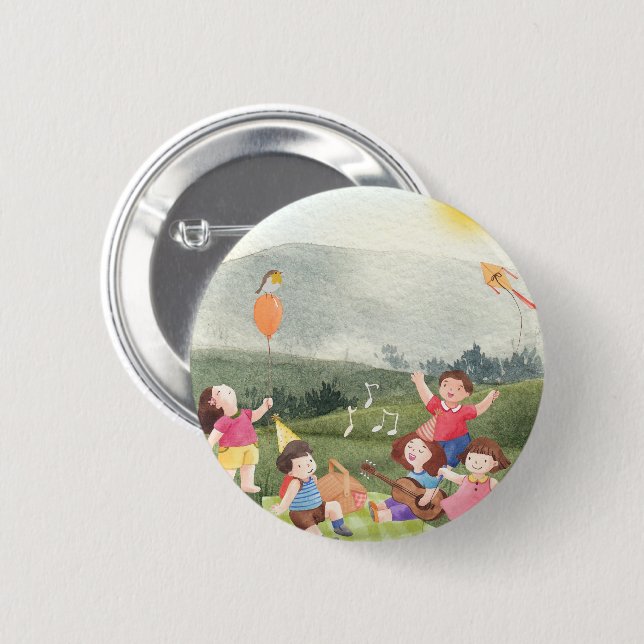 Happy Editable Picnic Birthday Kids Garden Farm  Button (Front & Back)