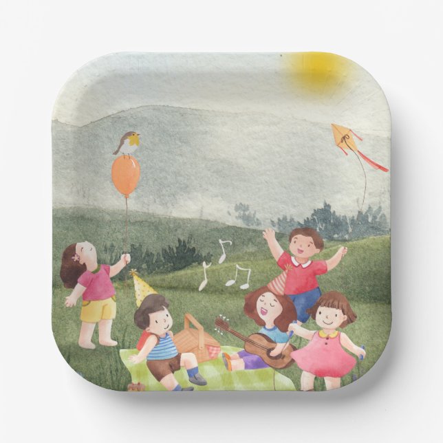 Happy Editable Picnic Birthday Kids Garden Farm  Paper Plates (Front)