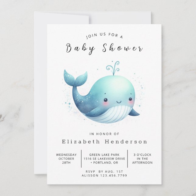 Happy Editable Whale Baby Shower Invitation (Front)