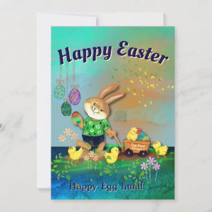 Happy Egg Hunt Bunny & Chicks Green Holiday Card