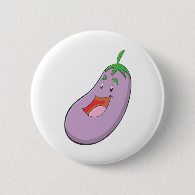 Happy Eggplant Vegetable Cartoon Button (Front)