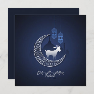 Happy Eid Al Adha Mubarak Blue White Goat Islamic Holiday Card