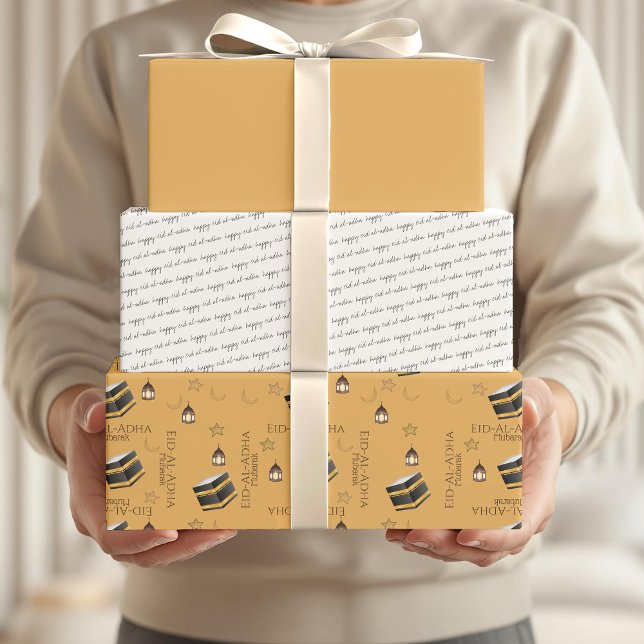 Happy Eid al-Adha Mubarak Kids Yellow Kabah Quote Wrapping Paper Sheets (Creator Uploaded)