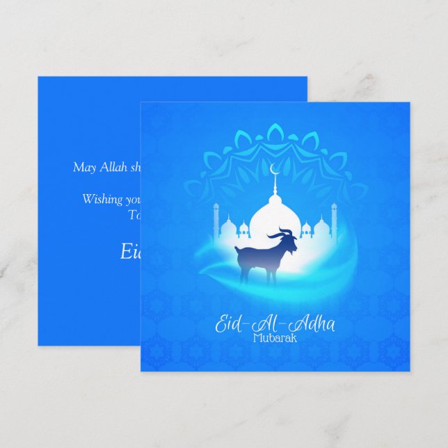 Happy Eid Al Adha Mubarak White Blue Goat Islamic Holiday Card (Front/Back)