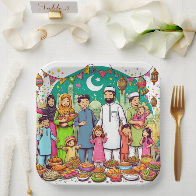 Happy Eid Family Funny Celebrating Design Paper Plates (Wedding)