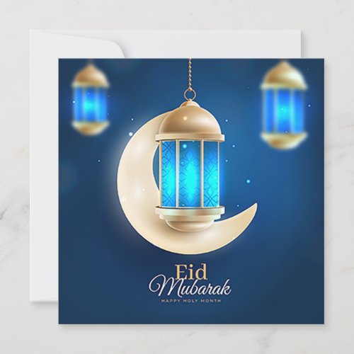 Happy Eid Gold Crescent Islamic Lantern Blue  Holiday Card