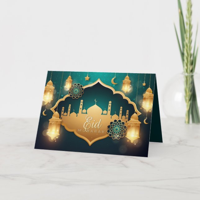 Happy Eid Gold Cresent Star Islamic Lantern Floral Holiday Card (Front)