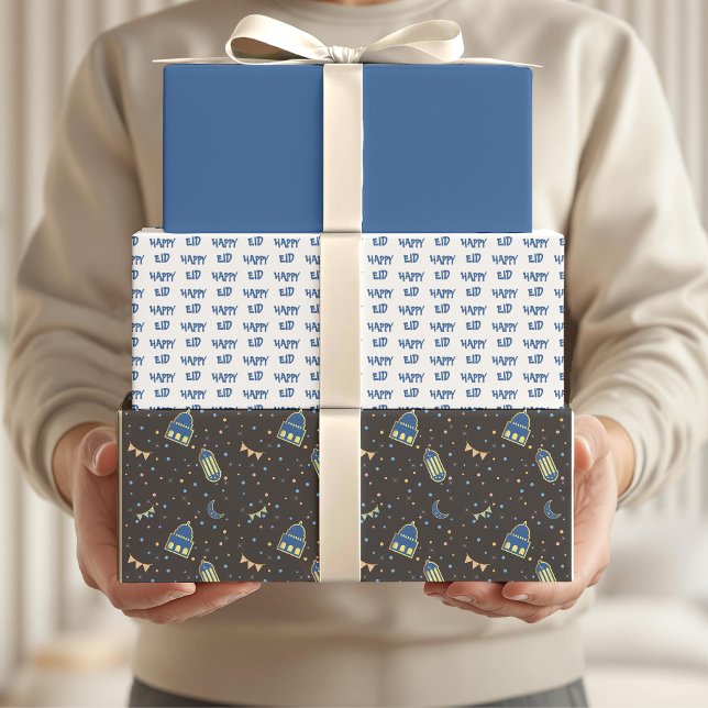 Happy Eid Kids Blue Moon Lantern Pattern Quote Wrapping Paper Sheets (Creator Uploaded)