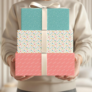 Happy Eid Kids Blue Pink Moon Star Pattern Quote Wrapping Paper Sheets