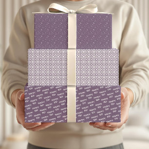 Happy Eid Kids Purple Moon Star Pattern Quote Wrapping Paper Sheets